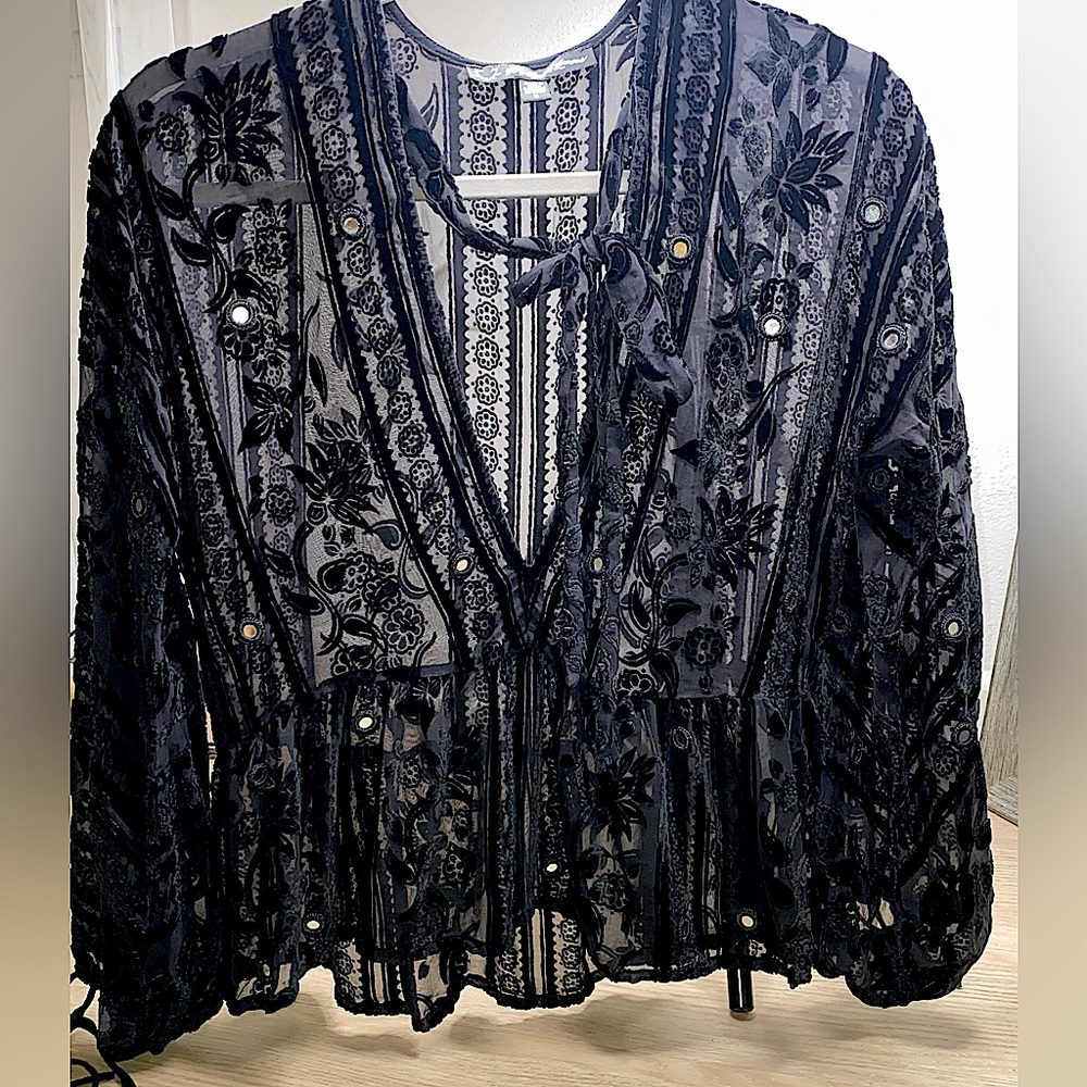For love & Lemons J’adore Blouse Black Deep V neckline sheer silk oversized Top